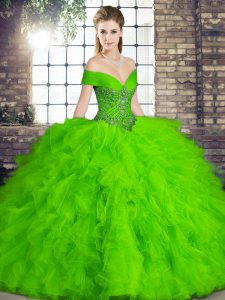  Green Quinceanera Dresses Military Ball and Sweet 16 and Quinceanera with Beading and Ruffles Off The Shoulder Sleeveless Lace Up