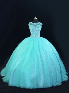 Superior Aqua Blue Ball Gowns Beading and Lace Quince Ball Gowns Lace Up Tulle Sleeveless Floor Length