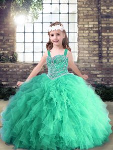  Floor Length Turquoise Little Girl Pageant Gowns Tulle Sleeveless Beading and Ruffles