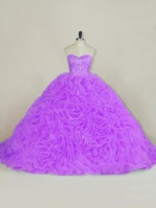  Lavender Quinceanera Dress Fabric With Rolling Flowers Court Train Sleeveless Beading