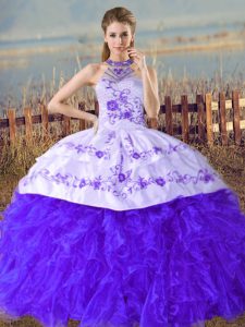  Blue Sweet 16 Dresses Halter Top Sleeveless Court Train Lace Up