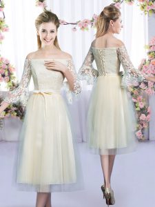 Sophisticated 3 4 Length Sleeve Lace Up Tea Length Lace and Bowknot Court Dresses for Sweet 16