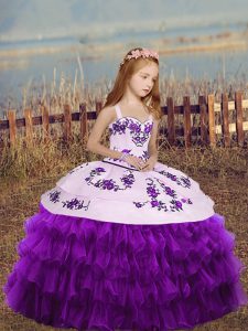 Dramatic Floor Length Lace Up Girls Pageant Dresses Eggplant Purple for Party and Wedding Party with Embroidery and Ruffled Layers