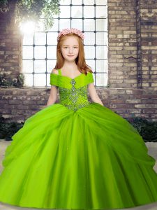 Fancy Tulle Lace Up Straps Sleeveless Floor Length Little Girls Pageant Dress Beading
