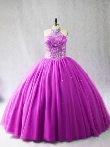 Fancy Lilac Vestidos de Quinceanera Halter Top Sleeveless Brush Train Lace Up
