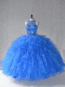 Adorable Royal Blue Lace Up Sweet 16 Quinceanera Dress Beading and Ruffles Sleeveless Floor Length