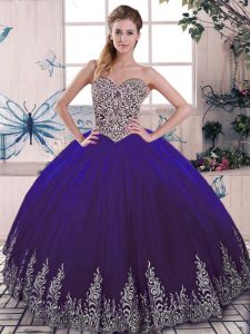 Exceptional Purple Ball Gowns Tulle Sweetheart Sleeveless Beading and Embroidery Floor Length Lace Up Sweet 16 Dress