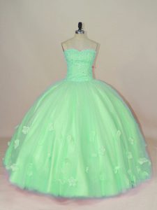 Suitable Green Sleeveless Floor Length Hand Made Flower Lace Up Sweet 16 Dresses