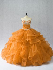  Organza Sweetheart Sleeveless Lace Up Beading and Ruffles Ball Gown Prom Dress in Orange