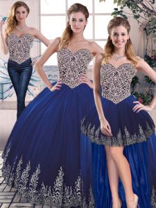Super Sleeveless Tulle Floor Length Lace Up Ball Gown Prom Dress in Royal Blue with Embroidery