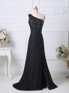 Fancy Black Prom Gown One Shoulder Sleeveless Brush Train Side Zipper