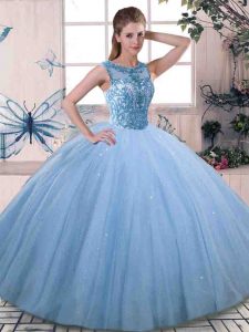 Low Price Sleeveless Floor Length Beading Lace Up 15 Quinceanera Dress with Blue