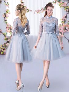  Knee Length Grey Damas Dress Tulle Half Sleeves Lace and Belt