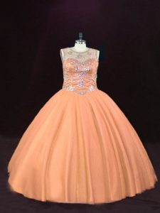 High Quality Peach Quinceanera Gown Sweet 16 and Quinceanera with Beading Scoop Sleeveless Lace Up