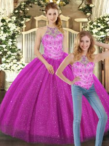 Decent Fuchsia Sleeveless Tulle Lace Up Quinceanera Gown for Military Ball and Sweet 16 and Quinceanera