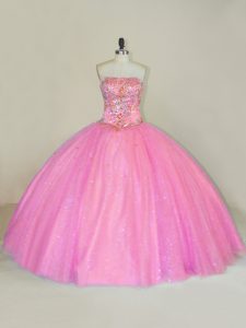 High Class Beading Quinceanera Gown Pink Lace Up Sleeveless Floor Length
