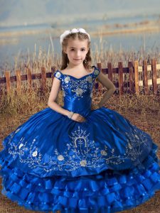 Great Royal Blue Sleeveless Satin and Organza Lace Up Pageant Gowns For Girls for Wedding Party