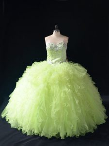 Modest Yellow Green Ball Gowns Beading and Ruffles Ball Gown Prom Dress Lace Up Tulle Sleeveless Floor Length