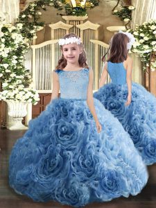  Bateau Sleeveless Zipper Little Girls Pageant Gowns Blue Fabric With Rolling Flowers