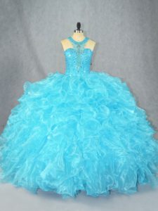 Great Floor Length Zipper Sweet 16 Dress Baby Blue for Sweet 16 and Quinceanera with Beading and Ruffles