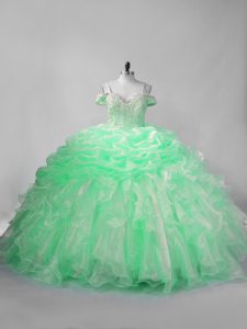 Affordable Apple Green Ball Gowns Straps Sleeveless Organza Lace Up Beading and Pick Ups Quince Ball Gowns