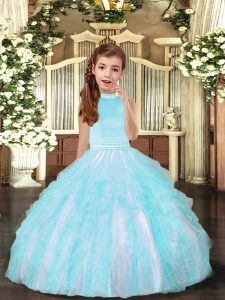  Floor Length Aqua Blue Little Girl Pageant Gowns Tulle Sleeveless Beading and Ruffles