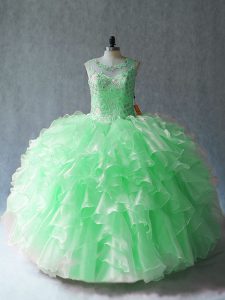 Cute Ball Gowns Organza Scoop Sleeveless Beading and Ruffles Floor Length Lace Up 15th Birthday Dress