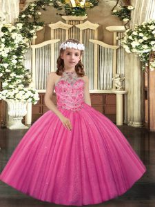  Tulle Halter Top Sleeveless Lace Up Appliques Little Girls Pageant Dress in Hot Pink