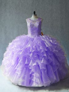  Lavender Ball Gowns Scoop Sleeveless Organza Floor Length Lace Up Beading and Ruffles Quince Ball Gowns