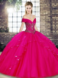  Sleeveless Tulle Floor Length Lace Up Quinceanera Gowns in Fuchsia with Beading and Ruffles