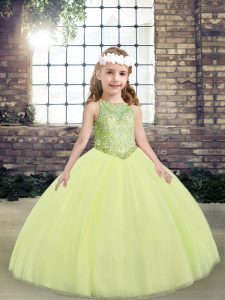 Stylish Floor Length Lace Up Little Girls Pageant Dress Light Yellow for Party and Wedding Party with Beading