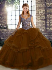 Free and Easy Floor Length Lace Up Sweet 16 Dress Brown for Military Ball and Sweet 16 and Quinceanera with Beading and Ruffles