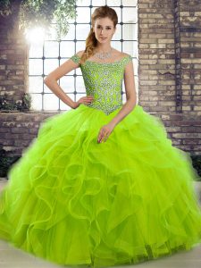Fitting Lace Up Quinceanera Gown for Military Ball and Sweet 16 and Quinceanera with Beading and Ruffles Brush Train