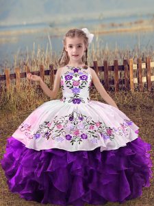 Lovely Embroidery and Ruffles Little Girls Pageant Dress Purple Lace Up Sleeveless Floor Length