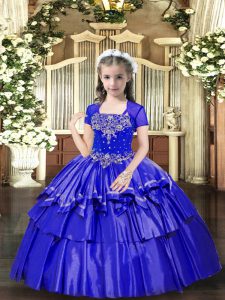Graceful Blue Straps Lace Up Beading and Ruffled Layers Little Girl Pageant Dress Sleeveless