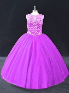  Sleeveless Floor Length Beading Lace Up Ball Gown Prom Dress with Purple