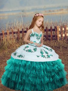 Trendy Teal Sleeveless Embroidery and Ruffled Layers Floor Length Little Girls Pageant Dress Wholesale