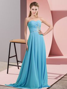  Aqua Blue Sleeveless Floor Length Beading Lace Up Dress for Prom