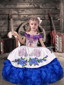 Fashionable Beading and Embroidery and Ruffles Kids Pageant Dress Royal Blue Lace Up Sleeveless Floor Length