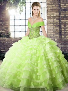 Flirting Sleeveless Organza Brush Train Lace Up Quinceanera Gowns in Yellow Green with Beading and Ruffled Layers