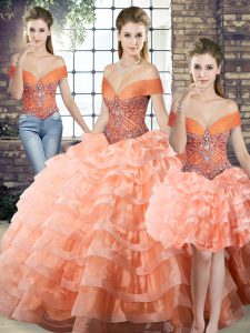 Fantastic Peach Sleeveless Organza Brush Train Lace Up Vestidos de Quinceanera for Military Ball and Sweet 16 and Quinceanera