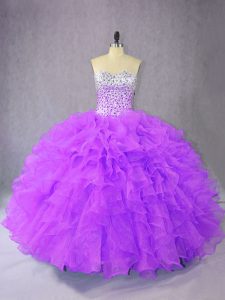 Custom Design Beading and Ruffles Quinceanera Dress Purple Lace Up Sleeveless Floor Length