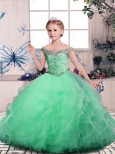  Floor Length Apple Green Little Girl Pageant Dress Tulle Sleeveless Beading and Ruffles