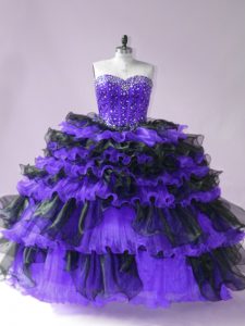 Adorable Black And Purple Ball Gowns Organza Sweetheart Sleeveless Beading and Ruffled Layers Floor Length Lace Up Vestidos de Quinceanera