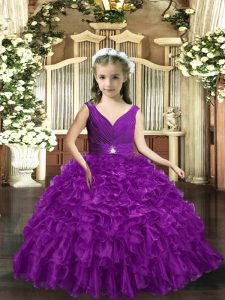 High Class Floor Length Ball Gowns Sleeveless Eggplant Purple Little Girl Pageant Gowns Backless