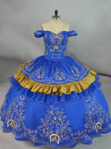 Customized Blue Sleeveless Floor Length Embroidery Lace Up Quinceanera Gowns