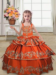 Fashion Rust Red Ball Gowns Satin Straps Sleeveless Embroidery and Ruffled Layers Floor Length Lace Up Little Girl Pageant Gowns