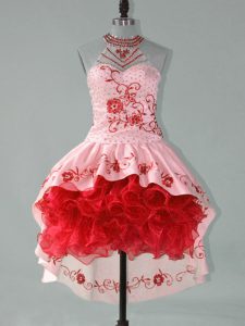 Attractive Sleeveless Satin and Organza High Low Lace Up Prom Party Dress in Red and Pink with Embroidery and Ruffles