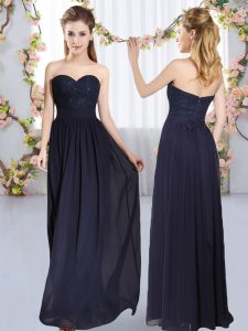 Unique Sleeveless Chiffon Floor Length Zipper Quinceanera Court of Honor Dress in Navy Blue with Beading and Lace