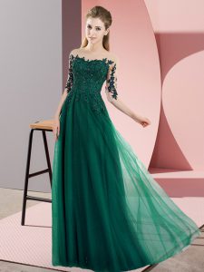 High End Bateau Half Sleeves Lace Up Quinceanera Court Dresses Dark Green Chiffon